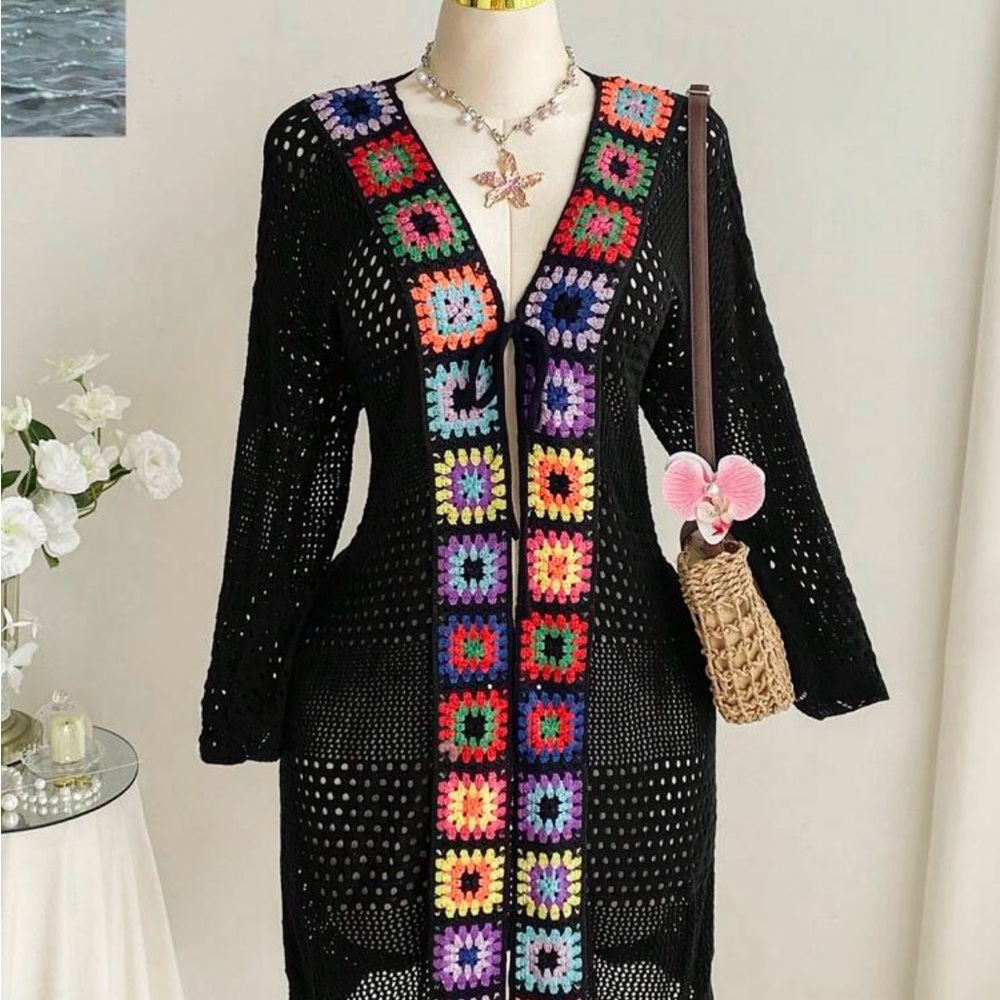 Black Crochet Long Cardigan with Multicolor Squares - Picture 4 of 5